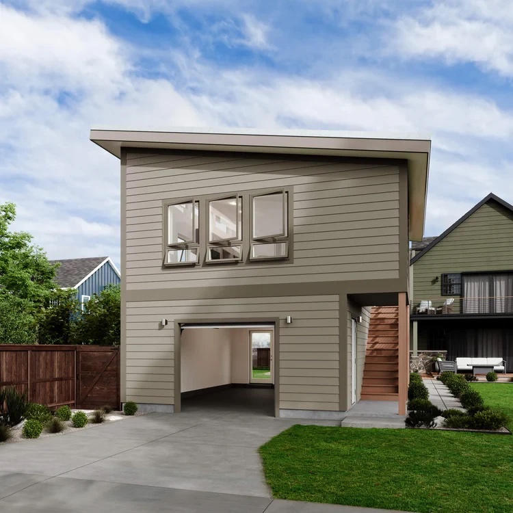 Compact modern outbuilding with a simple roof and awning windows