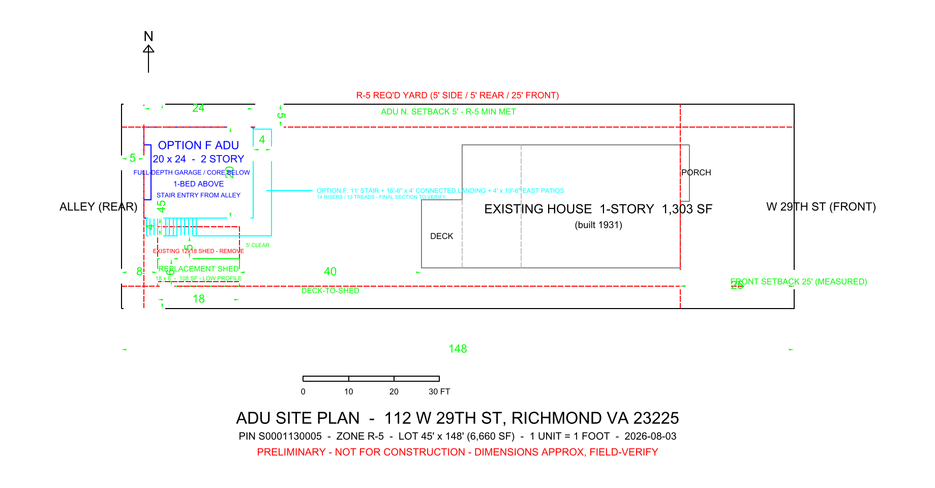 Site plan showing the proposed ADU, continuous south landing, stacked east patios, and replacement shed