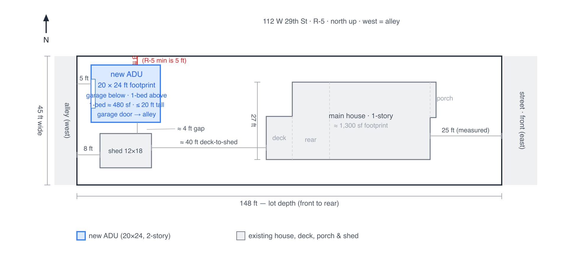 Draft site plan showing the proposed ADU behind the house